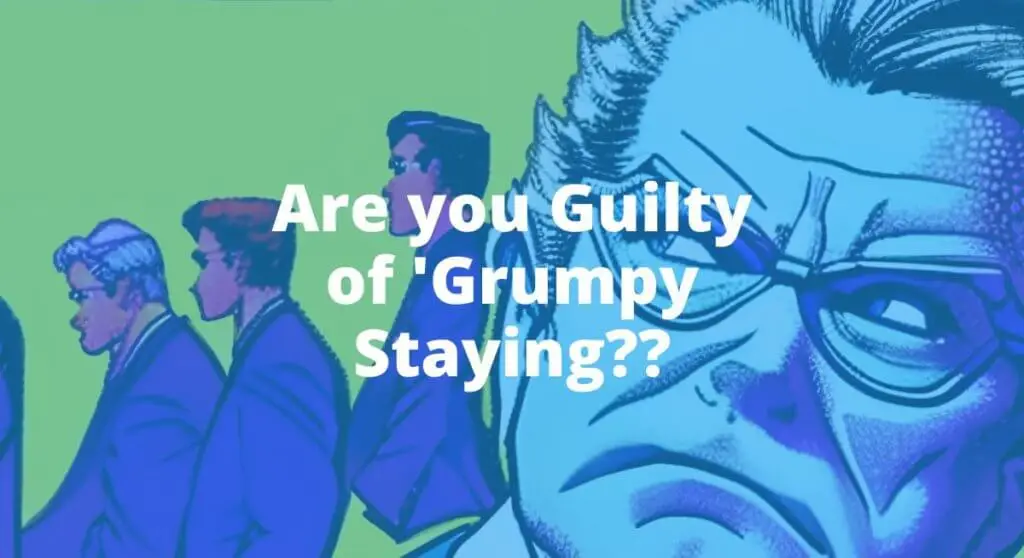 cartoon like image of an old man in spectacles looking grumpy and side eyring his colleagues