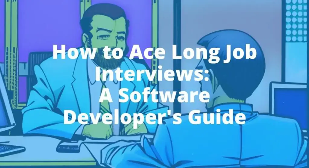 CArtoon image of a bearded businessman interviewing a male candidate for a software developer role