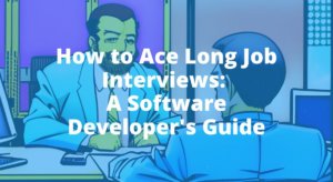 CArtoon image of a bearded businessman interviewing a male candidate for a software developer role